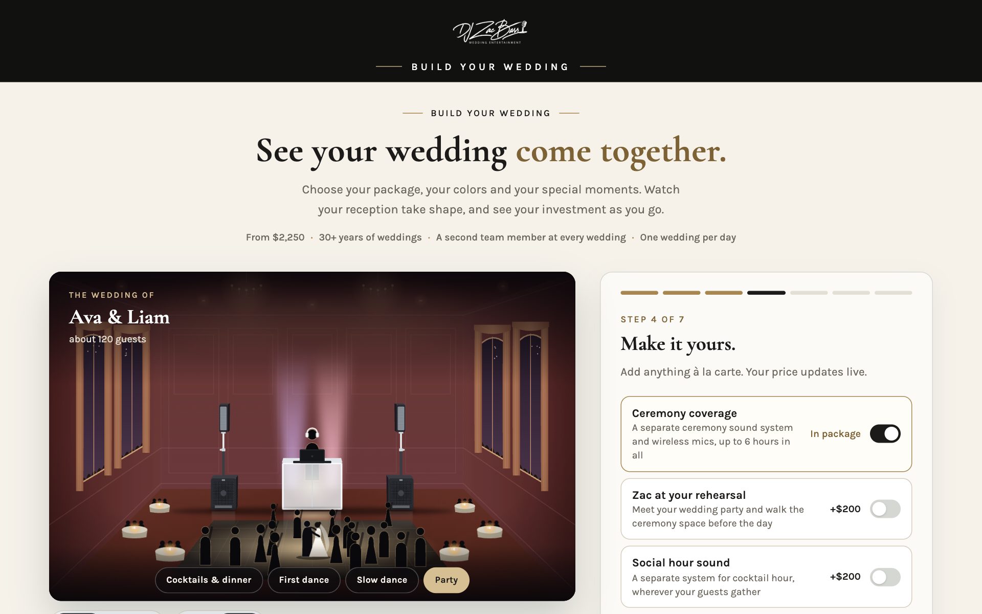 The Build Your Wedding planner showing an illustrated reception room and a live total